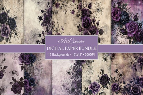 Dark Gothic Webs & Roses Digital Papers for Moody Designs