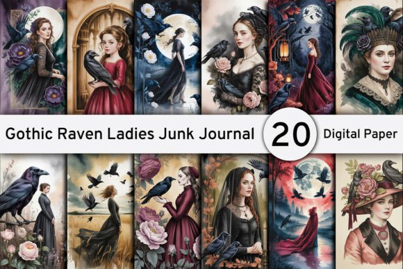 Gothic Raven Ladies Junk Journal Kit: Dark Romance Digital Papers