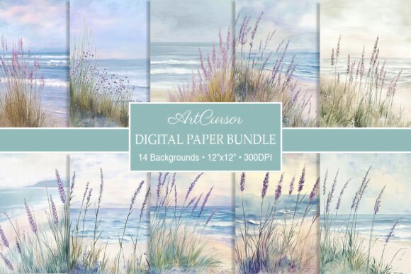 Serene Lavender Coastal Beach Digital Paper Backgrounds